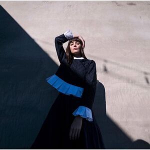 Katharine Kidd Navy Celie Quilted Top - Ruffle Sleeve & Hem Top Size S NWT $385